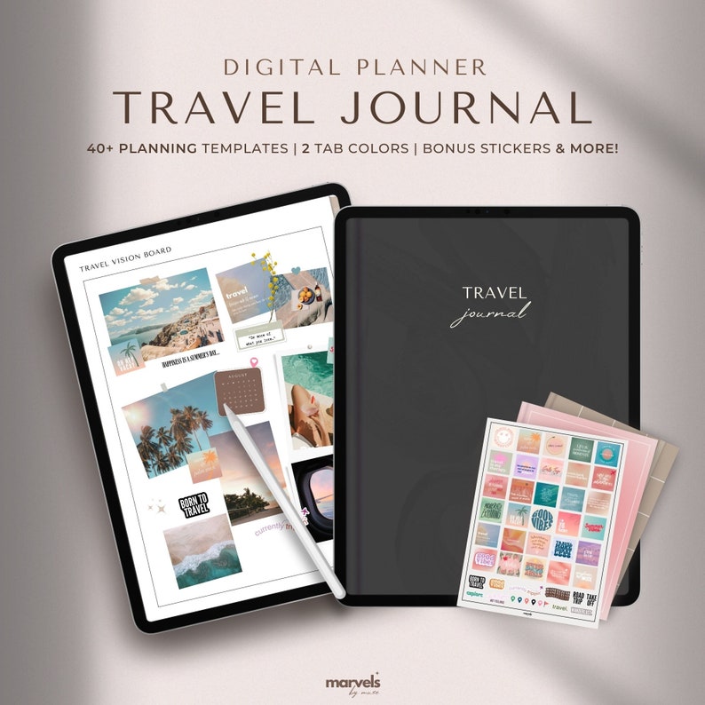 May include: A digital planner with a black cover and the text "TRAVEL Journal" on it. The planner is open to a page with a travel vision board and a sticker sheet with travel-themed stickers. The planner is on a white surface with a shadow.
