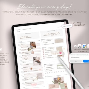 Puede incluir: Planificador digital en una pantalla de tableta con un l&aacute;piz &oacute;ptico blanco. El planificador presenta un horario diario, una lista de tareas y la integraci&oacute;n del calendario. El texto en la pantalla dice "Elevate your every day!" y "A planner focused at its essential function."