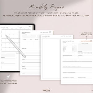 May include: A digital planner with monthly pages, including an overview, goals, vision board, and reflection. The planner is fully hyperlinked and includes a monthly calendar. The text on the image says "Monthly Pages".