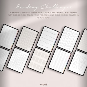 May include: A set of printable reading challenge trackers for book lovers. The trackers include a book bingo card, a reading log, and a book cover color chart. The trackers are designed to help readers track their progress and stay motivated.