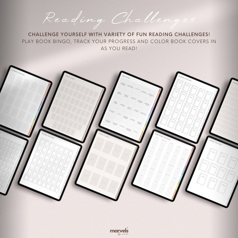 May include: A set of printable reading challenge trackers for book lovers. The trackers include a book bingo card, a reading log, and a book cover color chart. The trackers are designed to help readers track their progress and stay motivated.