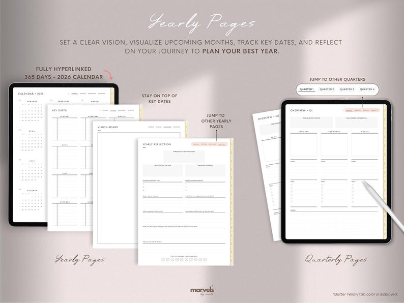 Może przedstawiać: Cyfrowy planer z tekstem "Yearly Pages" i "Quarterly Pages". Obrazek przedstawia cyfrowy kalendarz z kalendarzem 365-dniowym, kluczowymi datami, tablicą wizji i stronami refleksji rocznej. Planer jest w pełni hiperłączony.