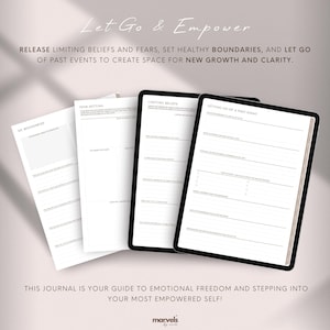 May include: A collection of journals with the text "Let Go & Empower" and prompts for self-reflection. The journals include sections on boundaries, limiting beliefs, and letting go of past events. The image also includes the text "This journal is your guide to emotional freedom and stepping into your most empowered self!"