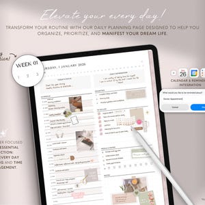 Pode incluir: Um planejador digital em um tablet, apresentando uma p&aacute;gina de planejamento di&aacute;rio com se&ccedil;&otilde;es para hor&aacute;rios, listas de tarefas e notas. A tela mostra a data de 1&ordm; de janeiro de 2026 e inclui o texto "Elevate your every day!" e "Calendar & Reminders Integration."