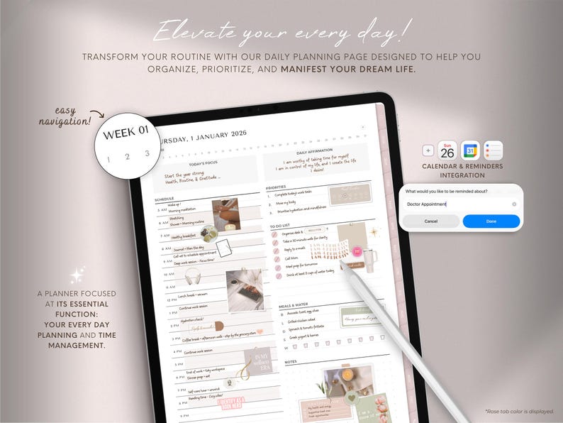 Pode incluir: Um planejador digital em um tablet, apresentando uma p&aacute;gina de planejamento di&aacute;rio com se&ccedil;&otilde;es para hor&aacute;rios, listas de tarefas e notas. A tela mostra a data de 1&ordm; de janeiro de 2026 e inclui o texto "Elevate your every day!" e "Calendar & Reminders Integration."