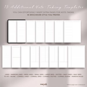 May include: Fifteen different note-taking templates, including lined, narrow lined, wide lined, small grid, large grid, dotted, half lined, half grid, to do, blank, Cornell lined, Cornell grid, Cornell dotted, Cornell blank, and margin ruled.