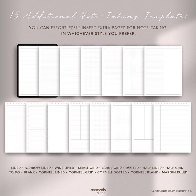 May include: Fifteen different note-taking templates, including lined, narrow lined, wide lined, small grid, large grid, dotted, half lined, half grid, to do, blank, Cornell lined, Cornell grid, Cornell dotted, Cornell blank, and margin ruled.