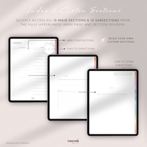 Op de afbeelding: Drie digitale plannerpagina's met een regenboogkleurenschema. De eerste pagina is een index met genummerde secties. De tweede pagina is voor het labelen van secties en links naar subsecties. De derde pagina is voor het bouwen van aangepaste secties en het springen naar andere subsecties.