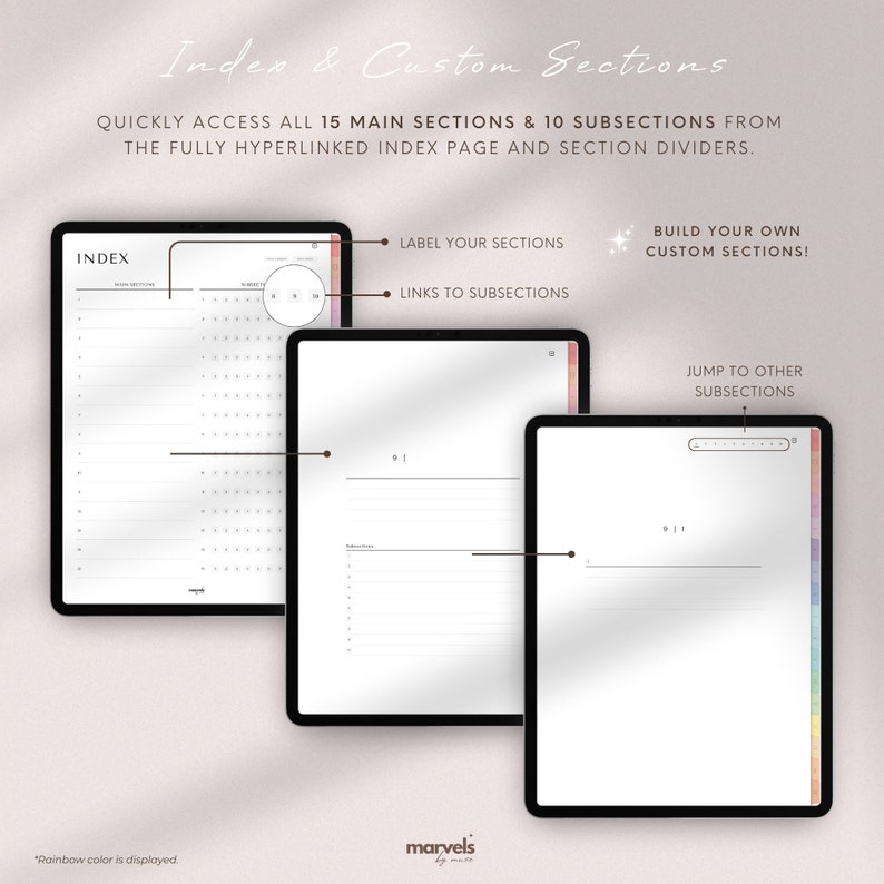 Op de afbeelding: Drie digitale plannerpagina's met een regenboogkleurenschema. De eerste pagina is een index met genummerde secties. De tweede pagina is voor het labelen van secties en links naar subsecties. De derde pagina is voor het bouwen van aangepaste secties en het springen naar andere subsecties.