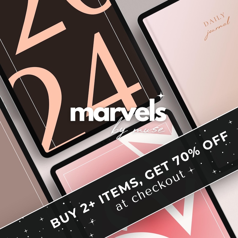 May include: A black and white graphic with the text "marvels by muse" and the text "BUY 2+ ITEMS, GET 70% OFF at checkout". The graphic is on a pink and white background with a white star pattern.