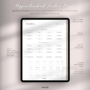 Op de afbeelding: Een digitale planner-indexpagina met links naar dagelijkse en maandelijkse pagina's, reflecties, een dankbaarheidsglas en 30 dagen dankbaarheid. De indexpagina bevindt zich op een tabletscherm met een witte achtergrond en zwarte tekst.