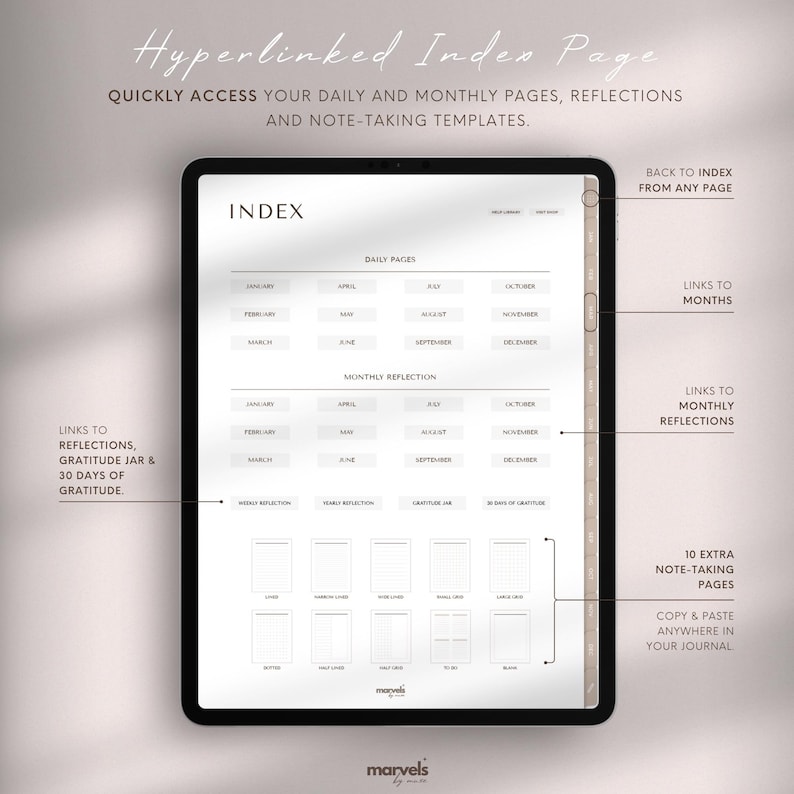 Op de afbeelding: Een digitale planner-indexpagina met links naar dagelijkse en maandelijkse pagina's, reflecties, een dankbaarheidsglas en 30 dagen dankbaarheid. De indexpagina bevindt zich op een tabletscherm met een witte achtergrond en zwarte tekst.