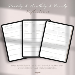 May include: Three digital tablets displaying reflection templates for weekly, monthly, and yearly goals. The tablets have black borders and white screens with prompts for self-reflection. The text at the top reads "Weekly & Monthly & Yearly Reflections."