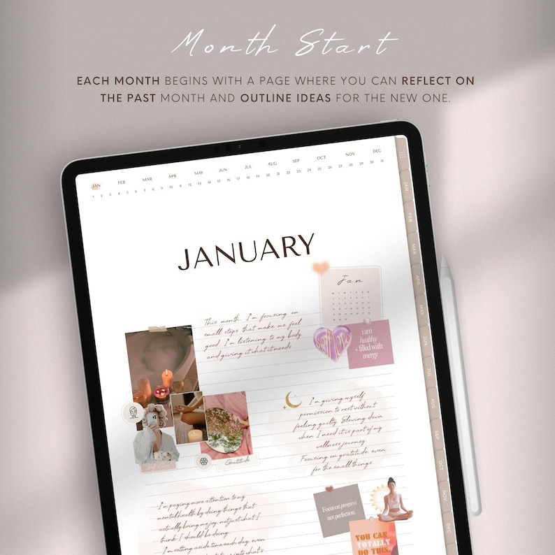 Pu&ograve; includere: Un planner digitale aperto a gennaio su un tablet con uno stilo. La pagina contiene un calendario, appunti scritti a mano e citazioni motivazionali. Gli appunti includono "Questo mese, mi sto concentrando su piccoli passi che mi fanno sentire bene. Sto ascoltando il mio corpo e gli sto dando ci&ograve; di cui ha bisogno." e "Mi sto dando il permesso di non essere perfetta. Quando ho bisogno di rallentare, mi permetto di farlo. Mi sto concentrando sulla gratitudine anche per le piccole cose."