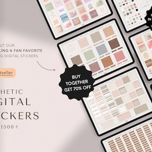 May include: An advertisement for aesthetic digital stickers. The image shows several tablets displaying various sticker designs in neutral tones. Text includes "Best-selling & Fan Favorite" and "Buy Together Get 70% Off."