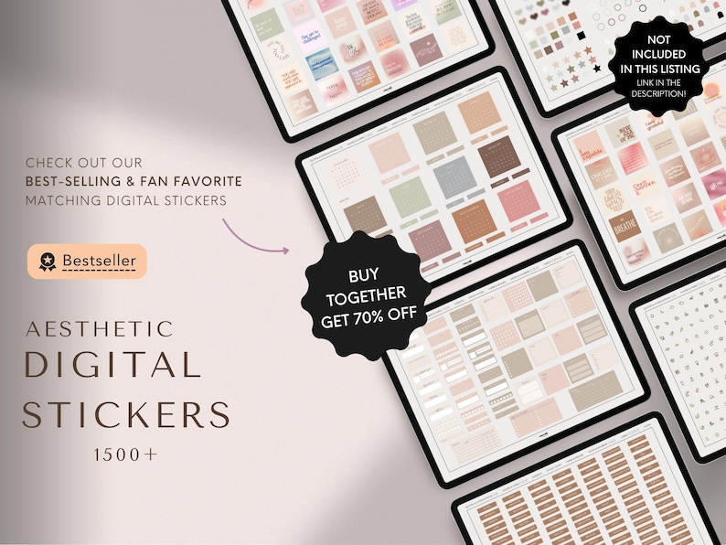 May include: An advertisement for aesthetic digital stickers. The image shows several tablets displaying various sticker designs in neutral tones. Text includes "Best-selling & Fan Favorite" and "Buy Together Get 70% Off."
