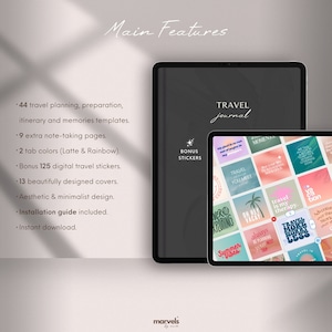 May include: A digital travel journal with a black cover and the text "TRAVEL journal" in white. The journal includes 44 travel planning templates, 9 note-taking pages, 2 tab colors, 125 digital travel stickers, and 13 covers. The journal is shown on a tablet with a screen displaying a variety of colorful travel-themed stickers.
