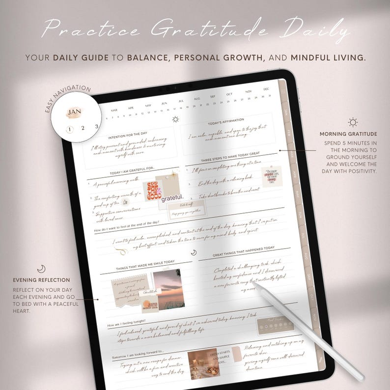 Op de afbeelding: Een digitale planner met een beige achtergrond en een kalender aan de linkerkant. De rechterkant heeft een sectie voor dagelijkse dankbaarheid met prompts voor intentie, dingen waar je dankbaar voor bent, dingen die je hebben laten lachen en geweldige dingen die vandaag zijn gebeurd. De tekst "Practice Gratitude Daily" staat bovenaan de planner.