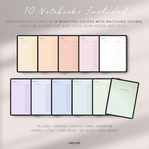 Op de afbeelding: Tien notitieboekjes met bijpassende omslagen in tien verschillende kleuren: geel, oranje, perzik, roze, regenboog, paars, lila, lichtblauw, hemelsblauw en mintgroen. De tekst "INDEX" staat op elk notitieboekomslag gedrukt.