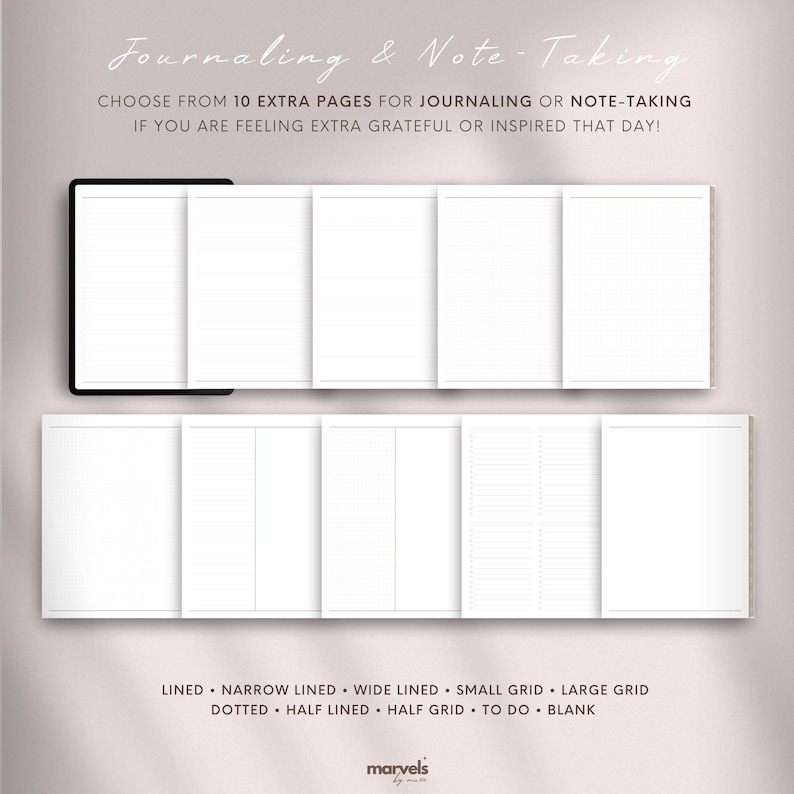 Op de afbeelding: Een digitale planner met 10 extra pagina's voor journalen of notities. De pagina's zijn gelinieerd, smal gelinieerd, breed gelinieerd, klein raster, groot raster, gestippeld, half gelinieerd, half raster, te doen en blanco.