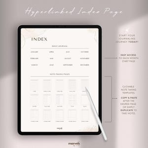 May include: A digital planner index page with a light brown background. The page is divided into sections for daily journaling and note-taking. The daily journaling section includes a calendar with months of the year. The note-taking section includes a variety of grid and lined paper templates.