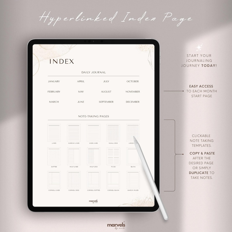 May include: A digital planner index page with a light brown background. The page is divided into sections for daily journaling and note-taking. The daily journaling section includes a calendar with months of the year. The note-taking section includes a variety of grid and lined paper templates.