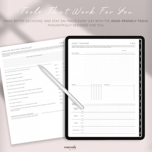 May include: A digital planner with a white stylus, featuring an impulse buying checklist and a habit tracker. The text reads "Tools That Work For You" and "ADHD-friendly tools". The planner is designed to help with decision-making and staying on track.