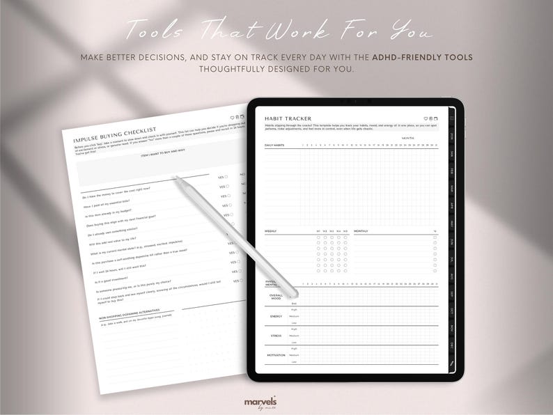 May include: A digital planner with a white stylus, featuring an impulse buying checklist and a habit tracker. The text reads "Tools That Work For You" and "ADHD-friendly tools". The planner is designed to help with decision-making and staying on track.