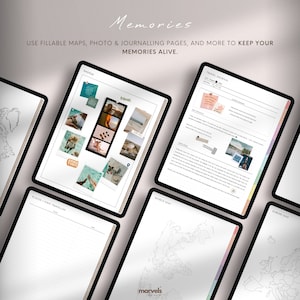 May include: A digital planner with a colorful design, featuring a world map, a Europe map, and a photo collage page. The planner includes a travel journal section with a title that says "Travel Journal".
