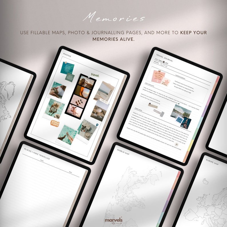 May include: A digital planner with a colorful design, featuring a world map, a Europe map, and a photo collage page. The planner includes a travel journal section with a title that says "Travel Journal".