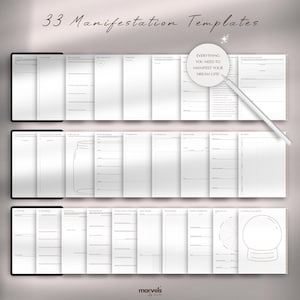 May include: A collection of 33 manifestation templates, displayed as open, lined pages within a digital planner. The text "Everything you need to manifest your dream life!" is visible. The pages include a jar illustration and a crystal ball graphic.