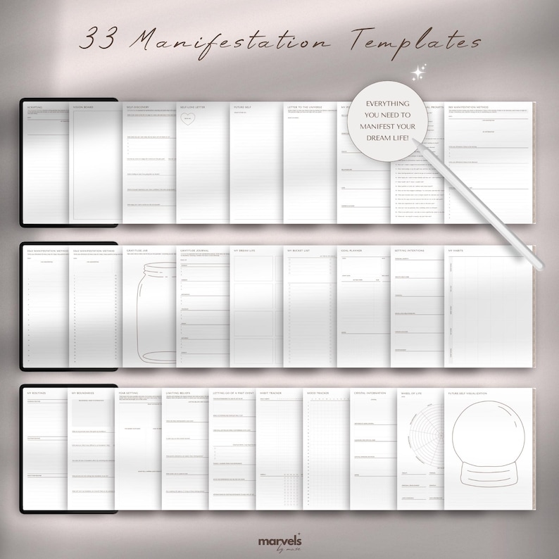 May include: A collection of 33 manifestation templates, displayed as open, lined pages within a digital planner. The text "Everything you need to manifest your dream life!" is visible. The pages include a jar illustration and a crystal ball graphic.
