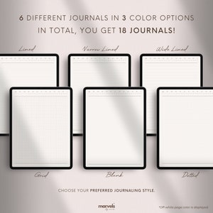 May include: Six different digital journal templates displayed on tablet screens. The templates include lined, narrow lined, wide lined, grid, blank, and dotted styles. The text on the image reads "6 DIFFERENT JOURNALS IN 3 COLOR OPTIONS IN TOTAL, YOU GET 18 JOURNALS!" and "CHOOSE YOUR PREFERRED JOURNALING STYLE."
