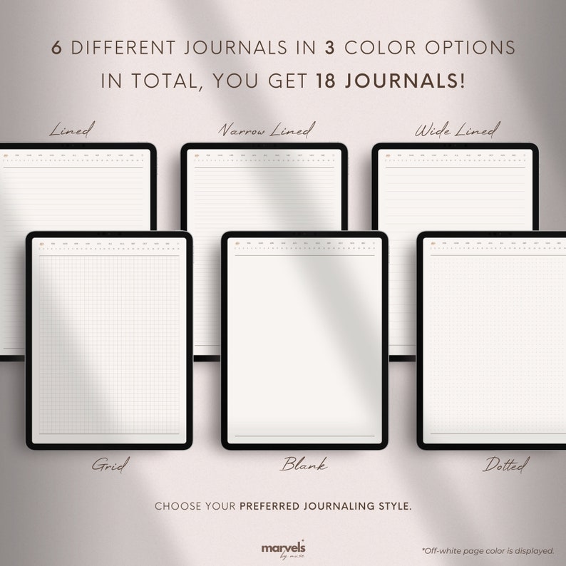 May include: Six different digital journal templates displayed on tablet screens. The templates include lined, narrow lined, wide lined, grid, blank, and dotted styles. The text on the image reads "6 DIFFERENT JOURNALS IN 3 COLOR OPTIONS IN TOTAL, YOU GET 18 JOURNALS!" and "CHOOSE YOUR PREFERRED JOURNALING STYLE."