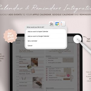 Puede incluir: Una interfaz de planificador digital en un iPad, que muestra opciones de integraci&oacute;n de calendario. La pantalla muestra opciones para agregar eventos a los calendarios de Apple y Google, con un l&aacute;piz apuntando a la pantalla. Texto: "Integraci&oacute;n de calendario y recordatorios".