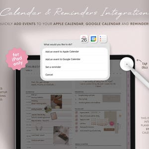 Może przedstawiać: Interfejs cyfrowego planera na tablecie, prezentujący opcje integracji kalendarza. Ekran wyświetla opcje dodawania wydarzeń do kalendarzy Apple i Google oraz ustawiania przypomnień. Pi&oacute;ro unosi się nad ekranem.