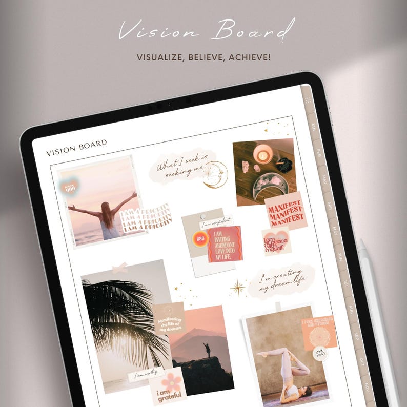 May include: A digital vision board displayed on a tablet. The board features inspirational images, affirmations, and the text "Vision Board" and "Visualize, Believe, Achieve!" in a soft, neutral color palette. Includes a stylus.