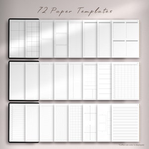 May include: A set of 72 printable paper templates for planners and journals. The templates include various grid, lined, and blank layouts.