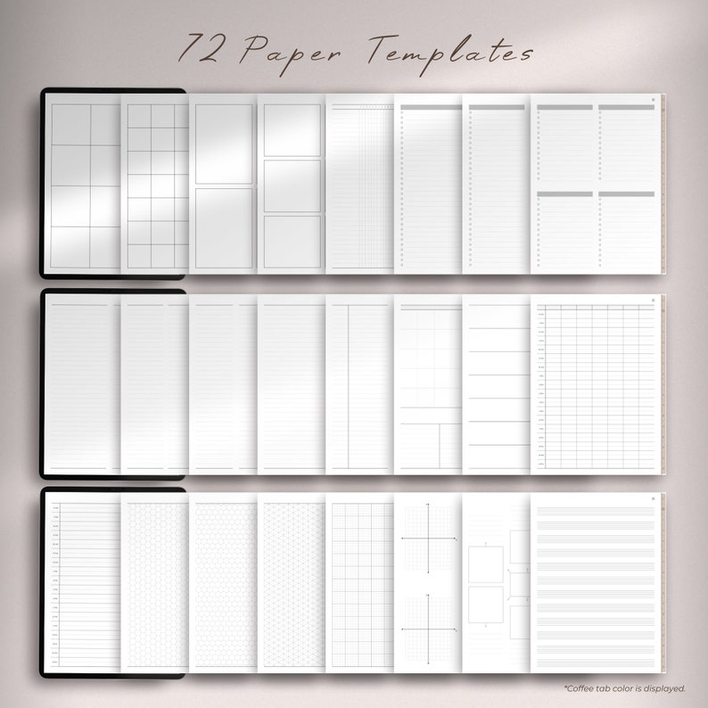 May include: A set of 72 printable paper templates for planners and journals. The templates include various grid, lined, and blank layouts.