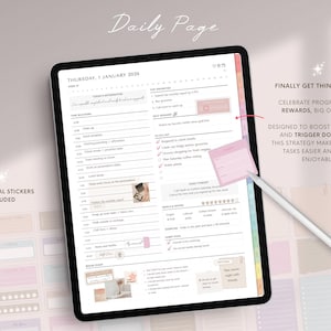 May include: A digital planner displayed on a tablet, featuring a daily page layout with sections for time blocking, to-do lists, and affirmations. Includes functional stickers and the text "Daily Page". A stylus points to a pink sticky note.