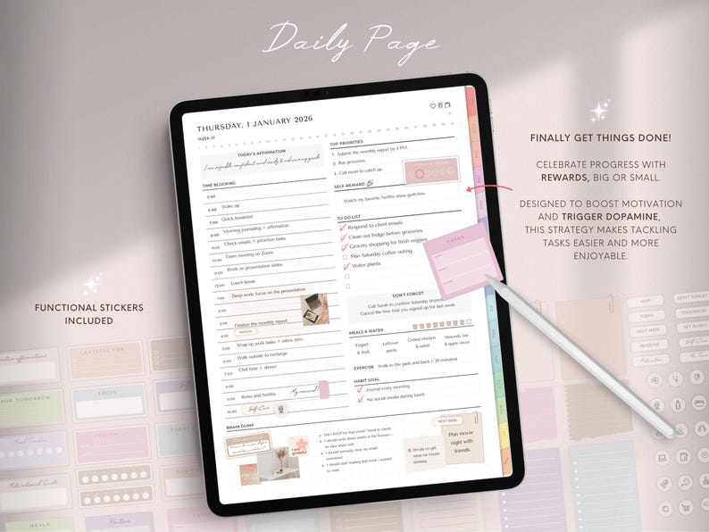 May include: A digital planner displayed on a tablet, featuring a daily page layout with sections for time blocking, to-do lists, and affirmations. Includes functional stickers and the text "Daily Page". A stylus points to a pink sticky note.