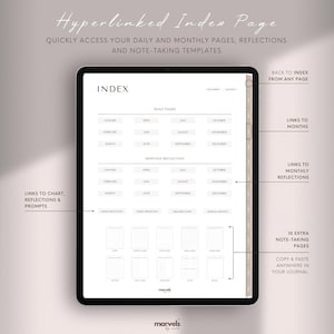 Pu&ograve; includere: Una pagina di indice di un planner digitale con collegamenti ipertestuali a pagine giornaliere e mensili, riflessioni e modelli di appunti. La pagina di indice &egrave; visualizzata sullo schermo di un tablet. La pagina di indice include un layout di calendario con collegamenti a ciascun mese, una sezione per le riflessioni mensili e una sezione per i modelli di appunti.