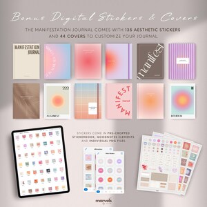 May include: An image showcasing a digital manifestation journal with 135 aesthetic stickers and 44 covers. The journal covers feature gradient designs in various colors. A tablet displays sticker options, and a sheet of stickers is also visible.