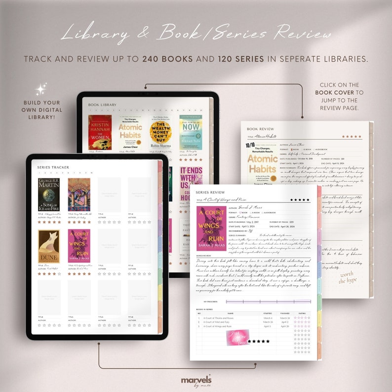May include: A digital planner for tracking and reviewing books and series. The planner features a colorful design with tabs and sections for book library, series tracker, and book reviews. The planner includes a section for tracking reading progress and rating books. The planner is designed to help readers organize their reading and keep track of their favorite books.