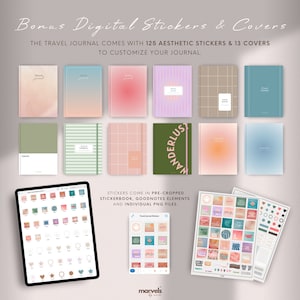 May include: A digital download of 125 aesthetic stickers and 13 covers for a travel journal. The stickers come in pre-cropped stickerbook, Goodnotes elements, and individual PNG files. The covers are in various colors and patterns, including pink, green, and blue. The stickers include phrases like "Wanderlust" and "Travel Vibes".