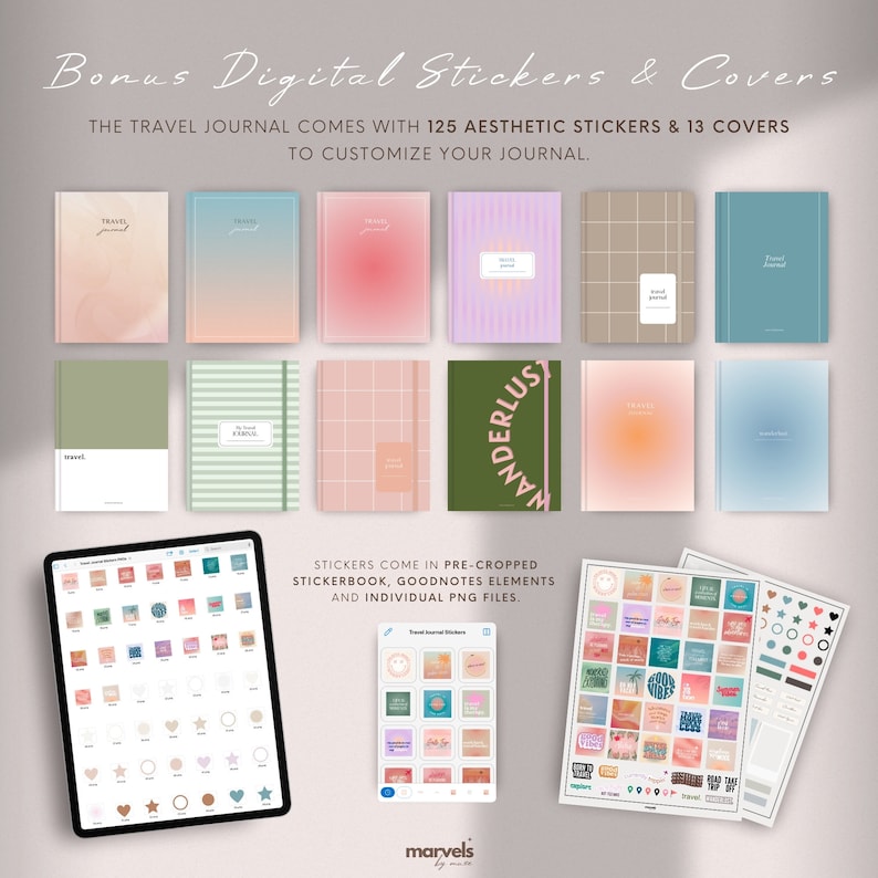 May include: A digital download of 125 aesthetic stickers and 13 covers for a travel journal. The stickers come in pre-cropped stickerbook, Goodnotes elements, and individual PNG files. The covers are in various colors and patterns, including pink, green, and blue. The stickers include phrases like "Wanderlust" and "Travel Vibes".