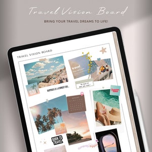 May include: A digital vision board with a travel theme. The board features images of beaches, palm trees, and airplanes. The text on the board includes "Travel Vision Board", "Happiness is a Summer's Day", "Born to Travel", and "Currently Trippin".