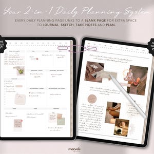 May include: Two digital tablets displaying a daily planning system. One tablet shows a structured layout with a calendar and to-do list. The other tablet features a blank page for journaling and sketching. Text reads: "Your 2-in-1 Daily Planning System".
