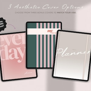 May include: Three aesthetic planner covers are displayed, each with a unique design. One is pink with "every day" text, another has green and red stripes, and the third is a light gray with "Daily Planner" text. The image includes the text "Minimal Modern Elegant".