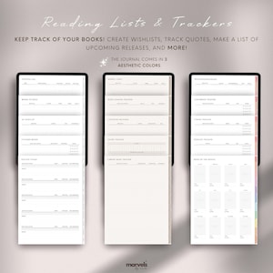 May include: Three printable pages for a reading journal. The pages are divided into sections for tracking books to read, wishlists, finished books, upcoming releases, book lending, a library book tracker, a book of the month, a podcast tracker, and an audiobook tracker.